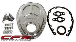 1955-95 CHEVY SMALL BLOCK 283-305-327-350-400 STEEL TIMING CHAIN COVER SET (ROLLER CAM) W- TIMING TAB - CHROME