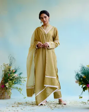 Olive Brown Kurta in Cotton Dobby and Schiffli fabric with Delicate Lace Detaling