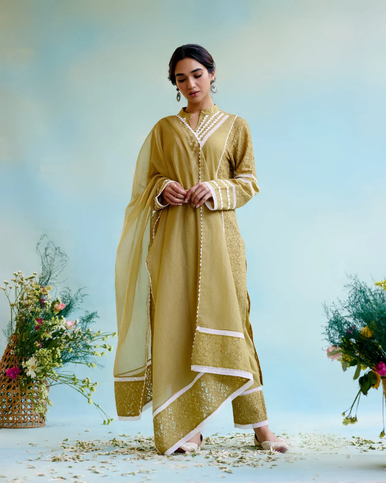 Olive Brown Kurta in Cotton Dobby and Schiffli fabric with Delicate Lace Detaling