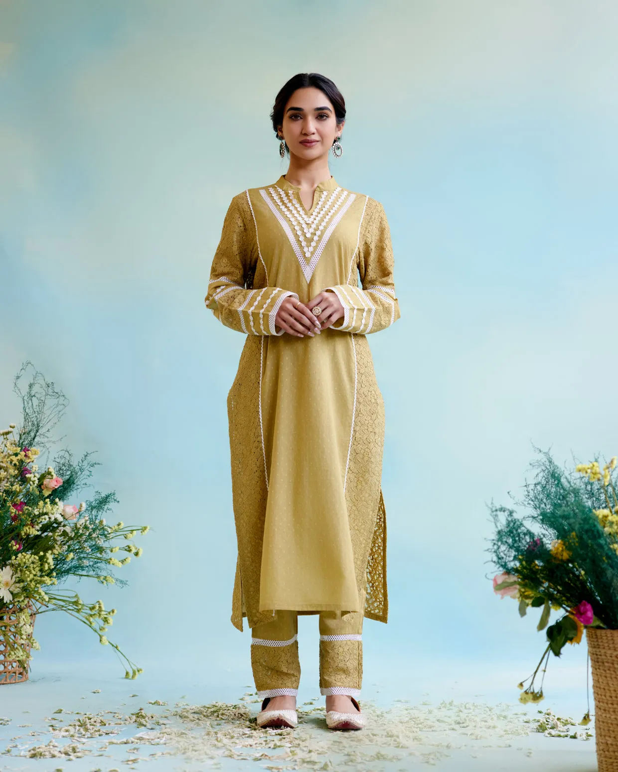 Olive Brown Kurta in Cotton Dobby and Schiffli fabric with Delicate Lace Detaling