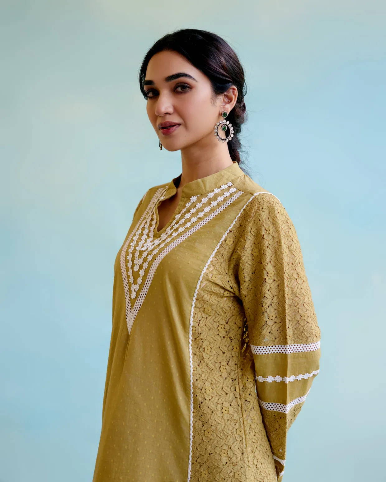 Olive Brown Kurta in Cotton Dobby and Schiffli fabric with Delicate Lace Detaling