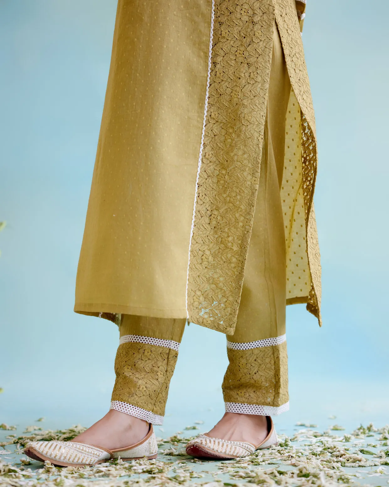 Olive Brown Kurta in Cotton Dobby and Schiffli fabric with Delicate Lace Detaling