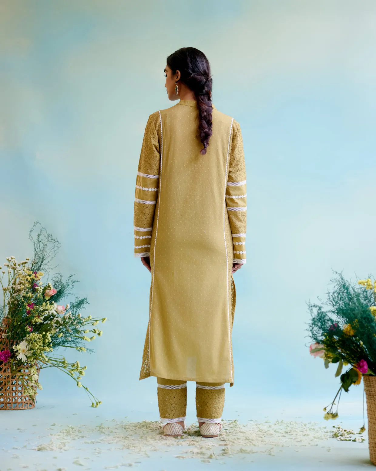 Olive Brown Kurta in Cotton Dobby and Schiffli fabric with Delicate Lace Detaling