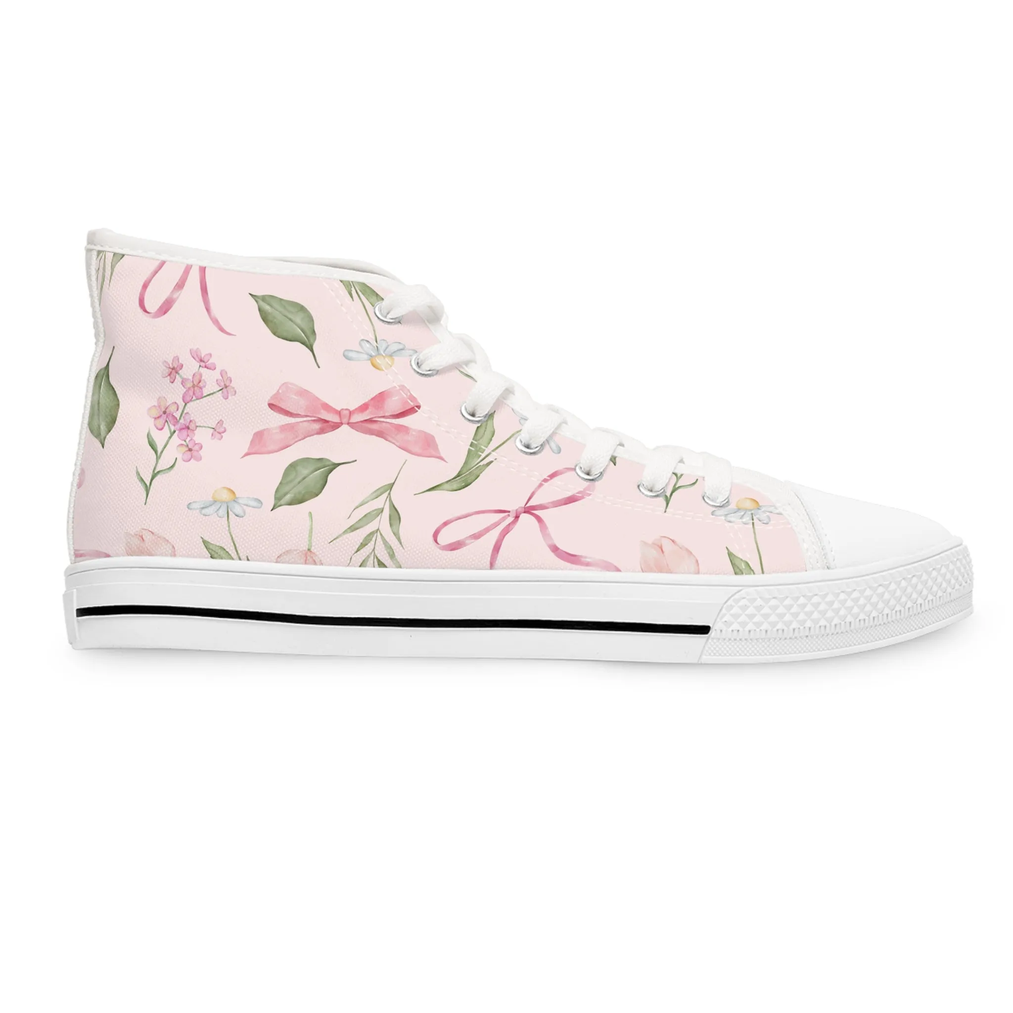 Pink Ribbon Watercolor Leaves Women's High Top Sneakers