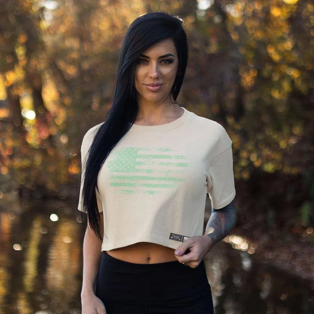 Women's Vintage American Flag Cropped T-Shirt - Natural